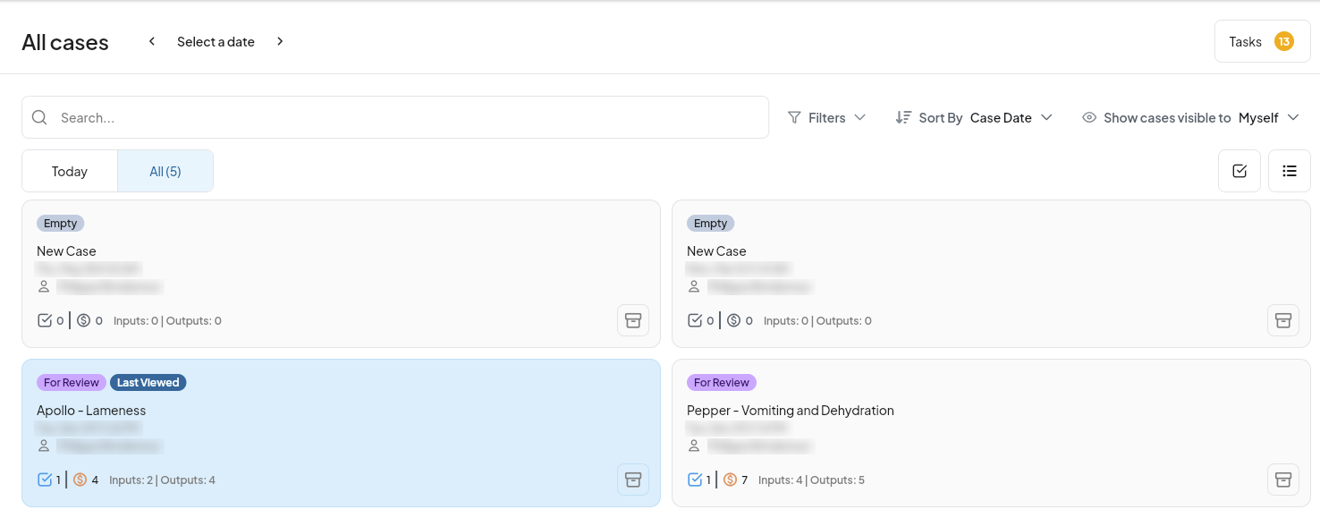 The CoVet all-cases list: two cases marked For Review with input and output counts, alongside newly created empty cases