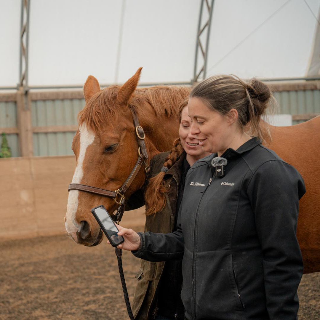 Two veterinarians in an arena beside a chestnut horse, one reviewing a case on her phone with CoVet while wearing a clip-on microphone.