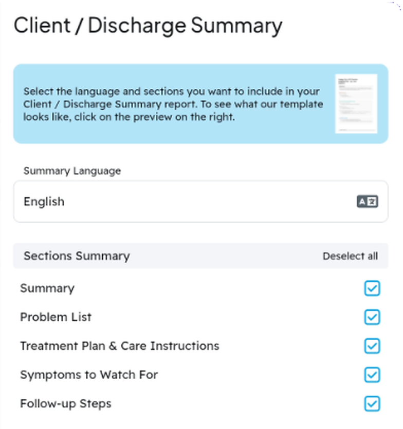 The CoVet Client / Discharge Summary panel: summary language set to English, with Summary, Problem List, Treatment Plan & Care Instructions, Symptoms to Watch For, and Follow-up Steps all selected