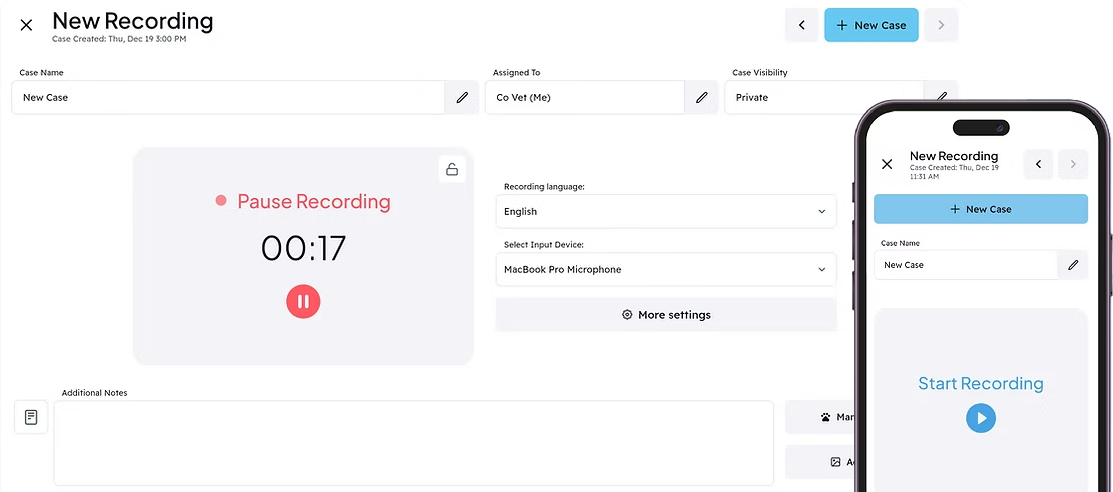 CoVet recording interface on desktop and mobile